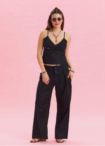 Pleated Bias Cut Buttoned Black Bohemian Trousers 4466